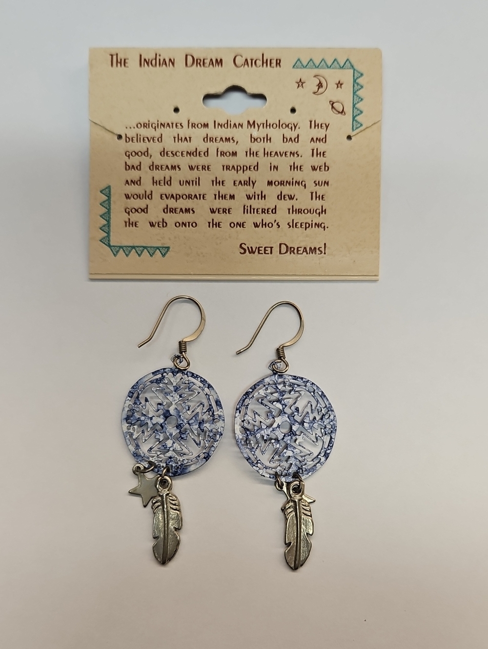 Handcrafted Blue Dreamcatcher Feather Earrings -